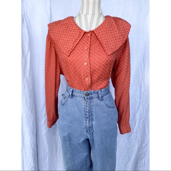 Vintage Tops - VINTAGE “Marla Kim” Orange Checkered Collared Top